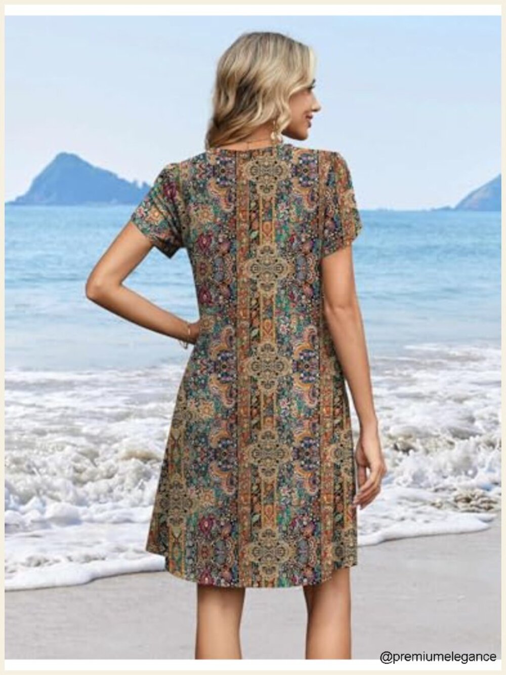 Womens V-Neck A-Line Pleated Dress Short Sleeve Knee Length Boho Casual Sundress - Picture 5 of 6